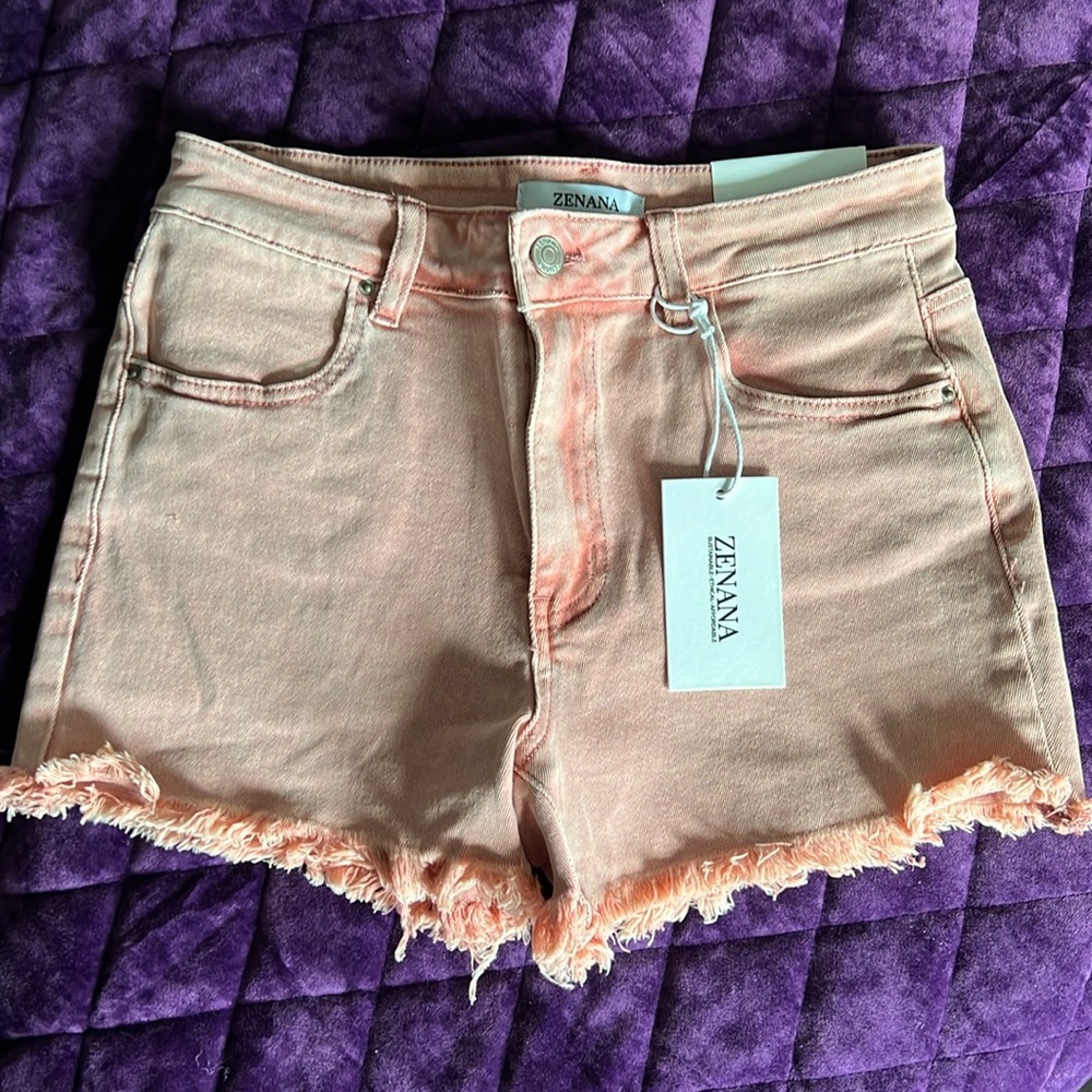 Zenana Outfitters Peach Pink Denim Frayed Hem Shorts